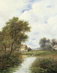 Teich mit Enten und Bauernhaus dahinter